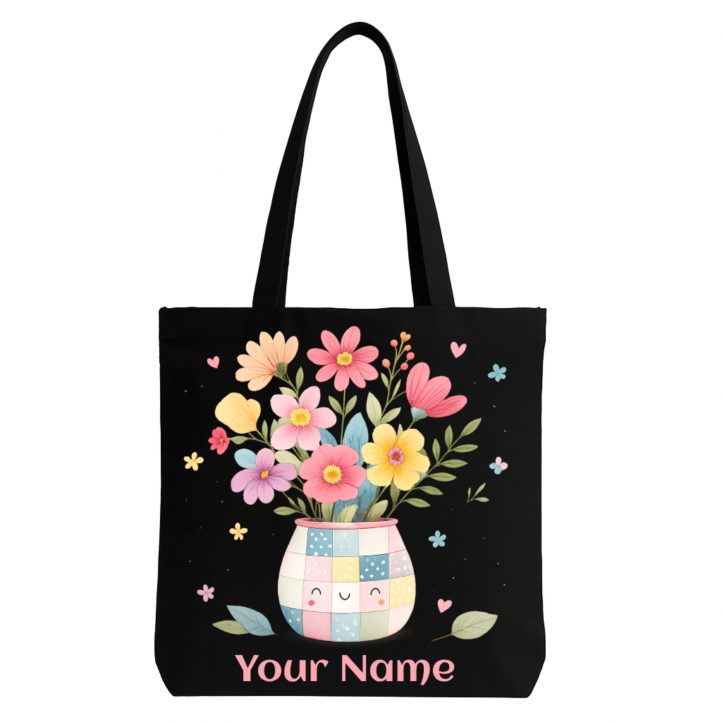 Personalised Floral Tote Bag for Women – Custom Name Cute Canvas Handbag