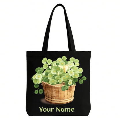 Personalized Black Tote Bag with Floral Basket Design | Custom Name Tote for Daily Use & Gifting