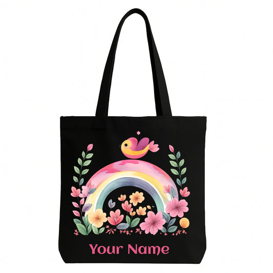 Personalized Black Tote Bag with Rainbow & Bird Design | Custom Name Tote for Daily Use & Gifting