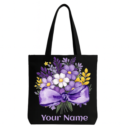 Personalised Floral Bow Tote Bag – Custom Name Gift (Black)