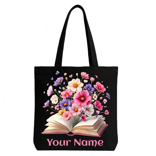 Personalised Book & Flowers Tote Bag – Custom Name Canvas Bag (Black)