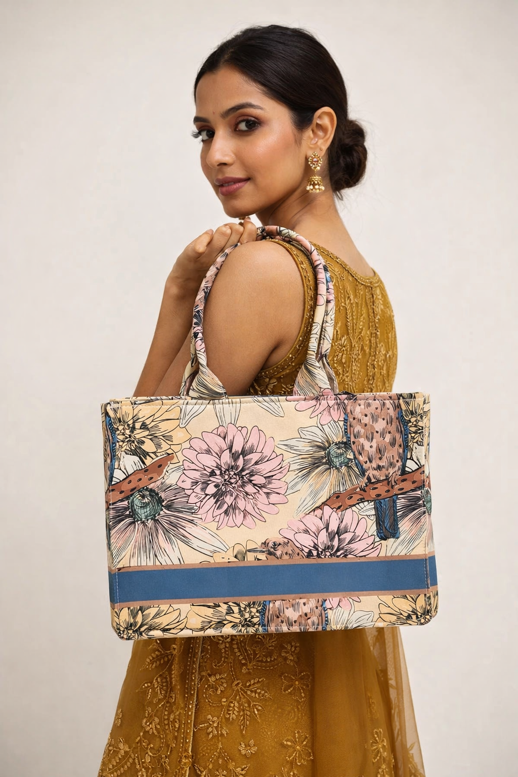 Personalised Vintage Floral Bird Tote Bag with Name | Custom Canvas Tote Bag for Women | Stylish Office, College & Travel Bag