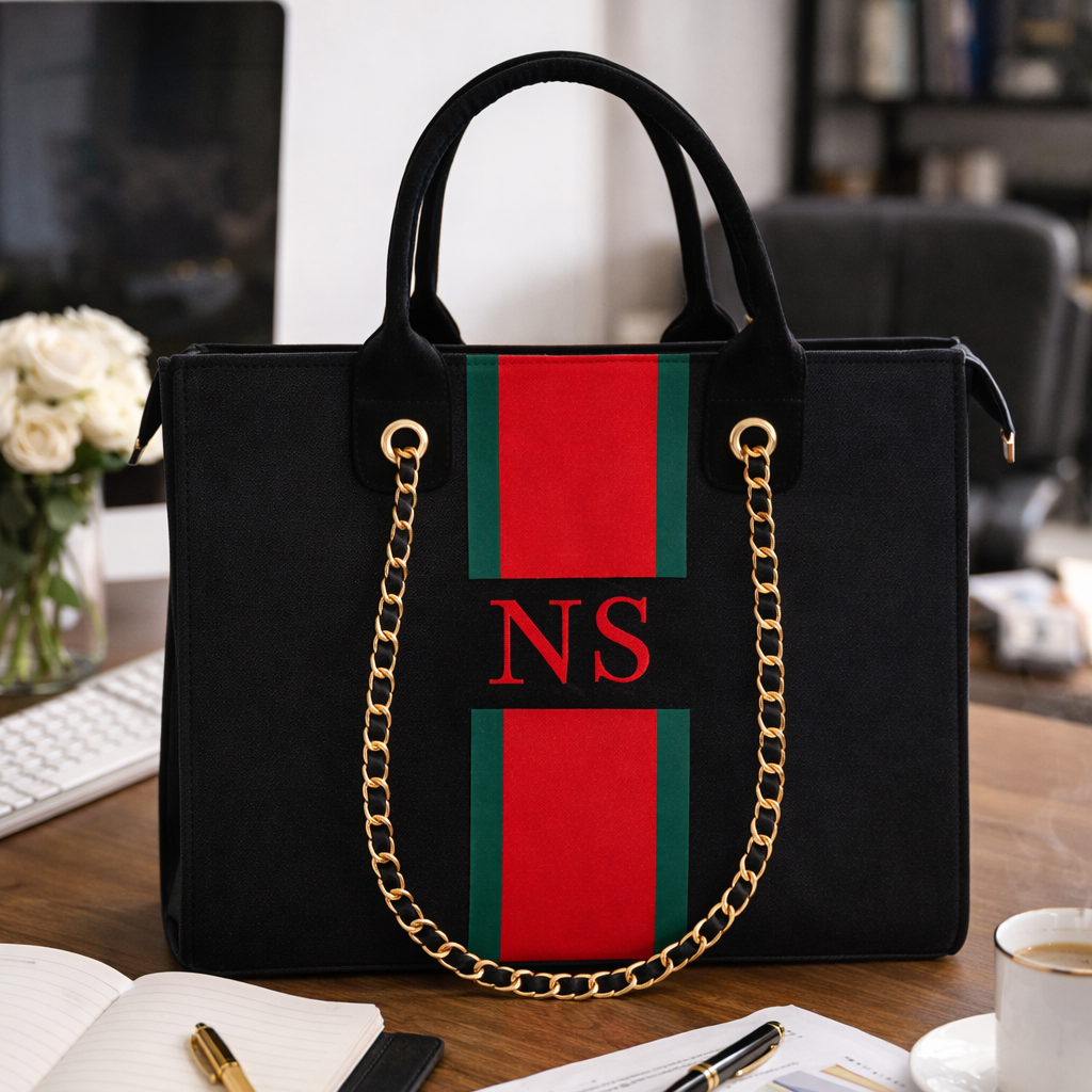 Nixa Style Premium Monogram Tote Bag – Luxury Black Handbag with Gold Chain & Organizer Compartments