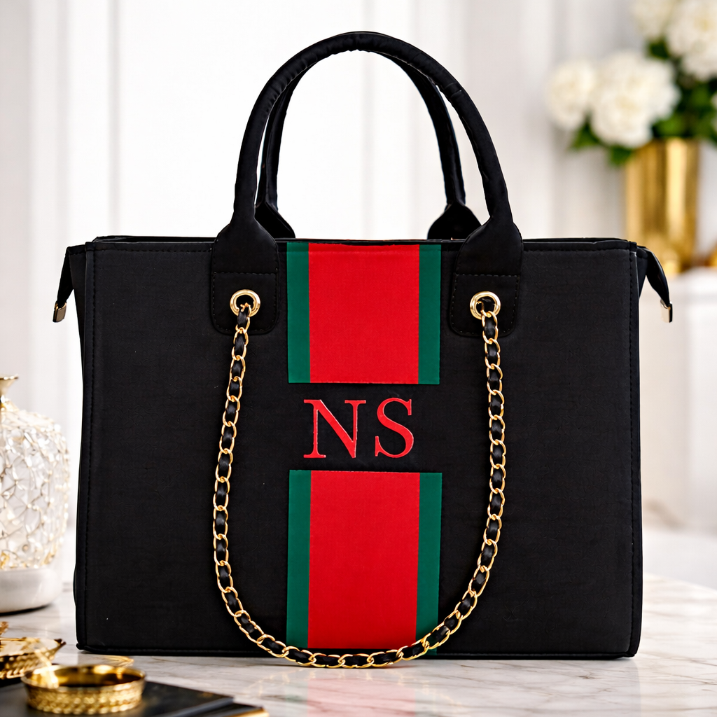 Nixa Style Premium Monogram Tote Bag – Luxury Black Handbag with Gold Chain & Organizer Compartments