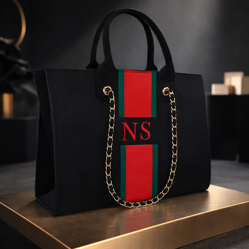 Nixa Style Premium Monogram Tote Bag – Luxury Black Handbag with Gold Chain & Organizer Compartments