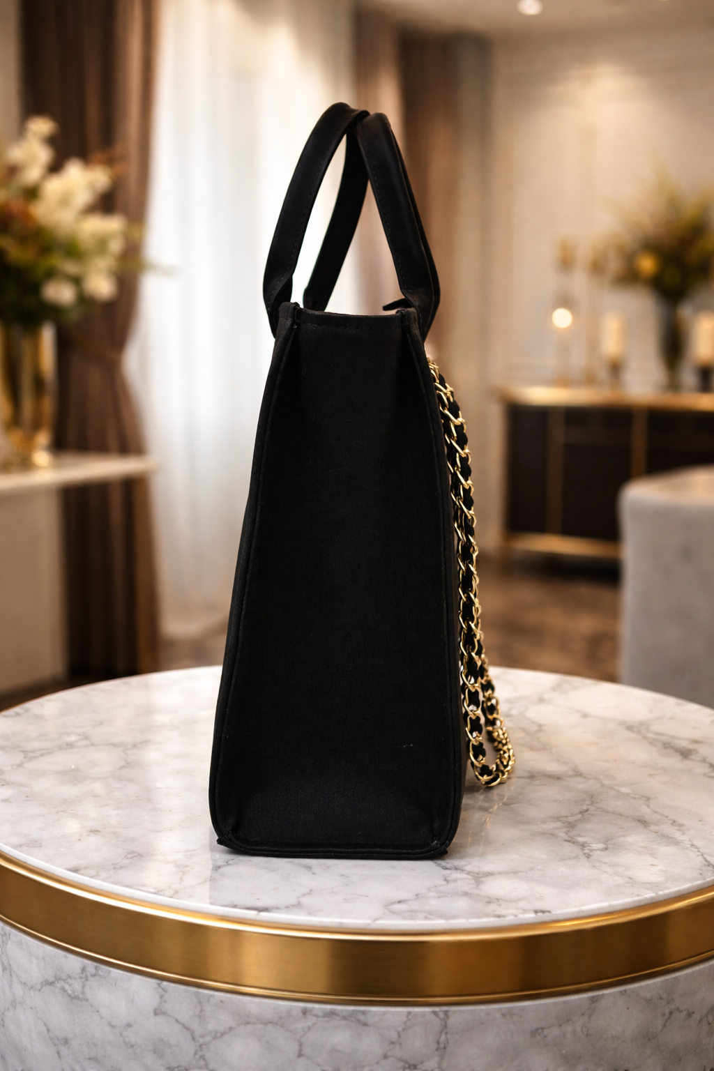 Nixa Style Premium Monogram Tote Bag – Luxury Black Handbag with Gold Chain & Organizer Compartments