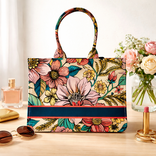Floral Printed Canvas Tote Bag for Women | Stylish Large Handbag for Travel, Office & Shopping | Vintage Flower Tote Bag