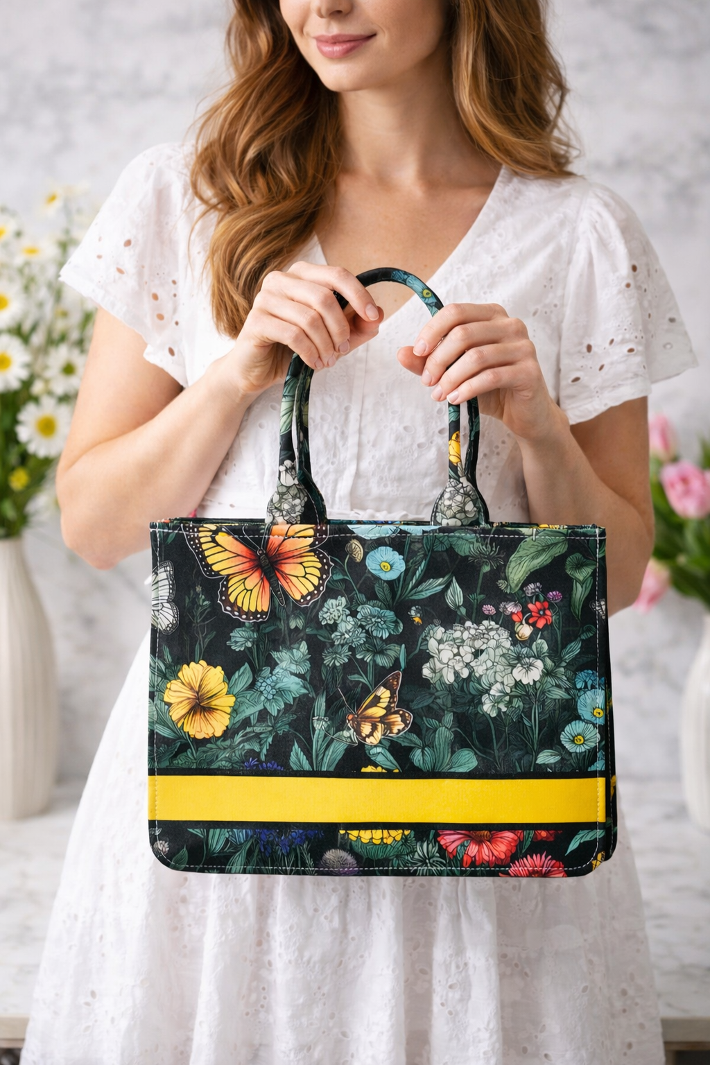 Personalised Butterfly Floral Tote Bag with Name | Custom Canvas Tote Bag for Women | Stylish Office, College & Travel Bag
