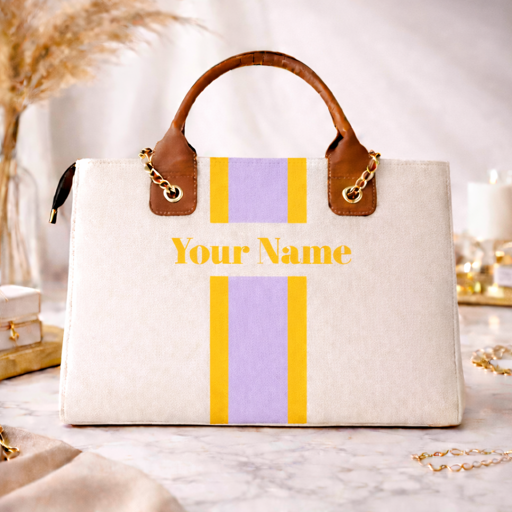 Customised Name Tote Bag for Women | Purple & Yellow Stripe Personalised Handbag | Premium Travel & Office Bag – Nixa Style