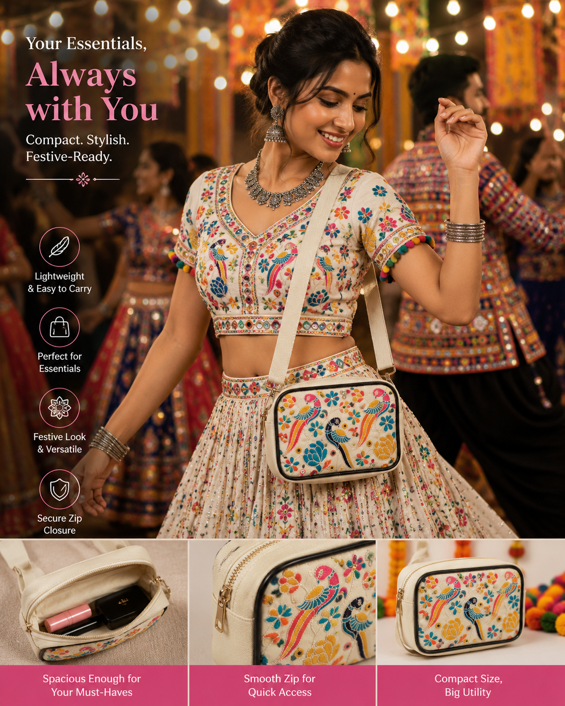 NixaStyle Navratri Special Embroidered Sling Bag for Women | Ethnic Peacock & Floral Embroidery Crossbody Waist Bag | Compact Festival Purse for Garba, Dandiya & Travel