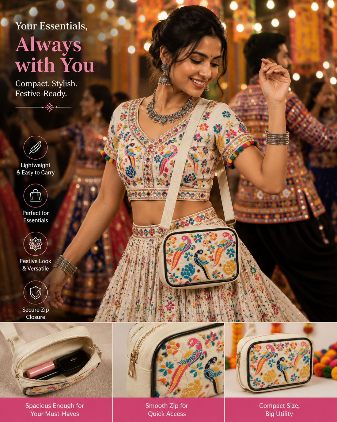 NixaStyle Navratri Special Embroidered Sling Bag for Women | Ethnic Peacock & Floral Embroidery Crossbody Waist Bag | Compact Festival Purse for Garba, Dandiya & Travel