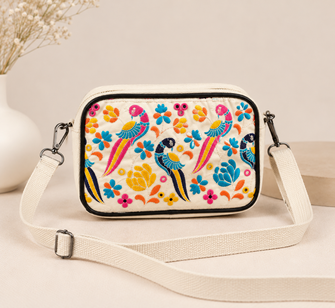 NixaStyle Navratri Special Embroidered Sling Bag for Women | Ethnic Peacock & Floral Embroidery Crossbody Waist Bag | Compact Festival Purse for Garba, Dandiya & Travel