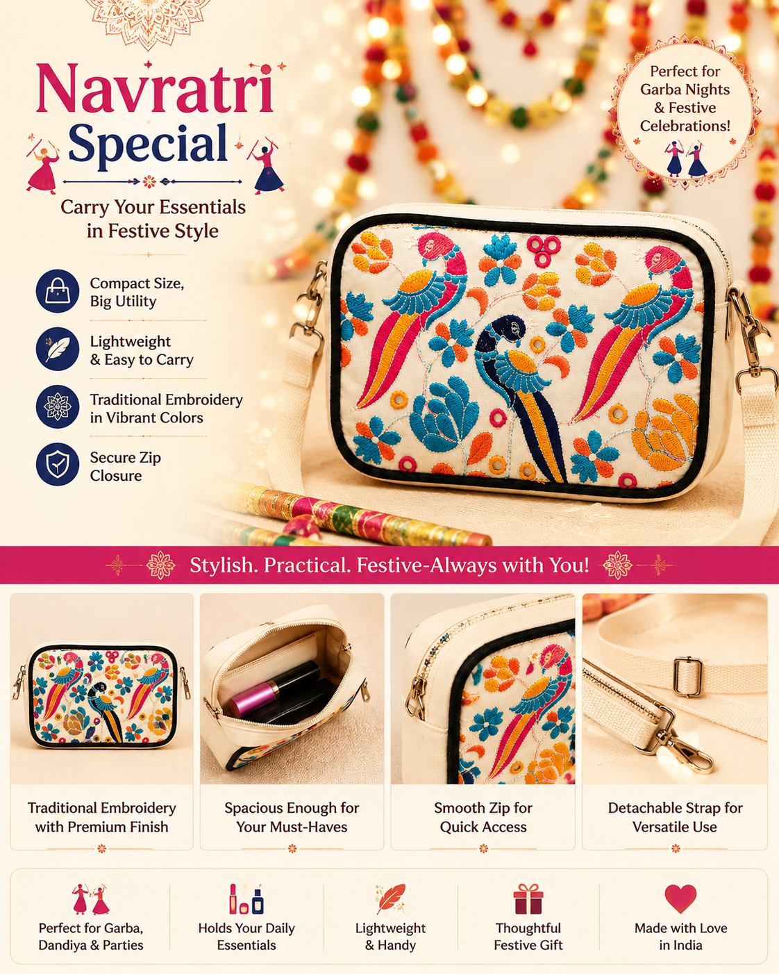 NixaStyle Navratri Special Embroidered Sling Bag for Women | Ethnic Peacock & Floral Embroidery Crossbody Waist Bag | Compact Festival Purse for Garba, Dandiya & Travel