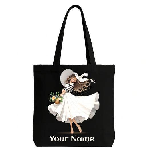 Personalised Fashion Girl Tote Bag – Custom Name Black Canvas Shoulder Bag