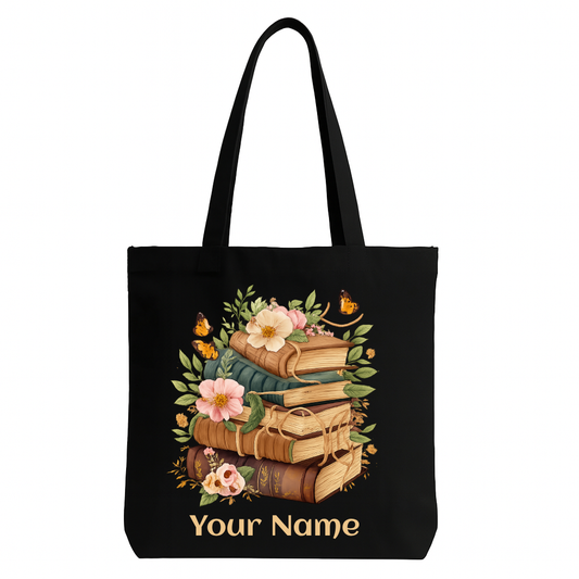 Floral Books Art Tote Bag – Premium Black Canvas Shoulder Bag