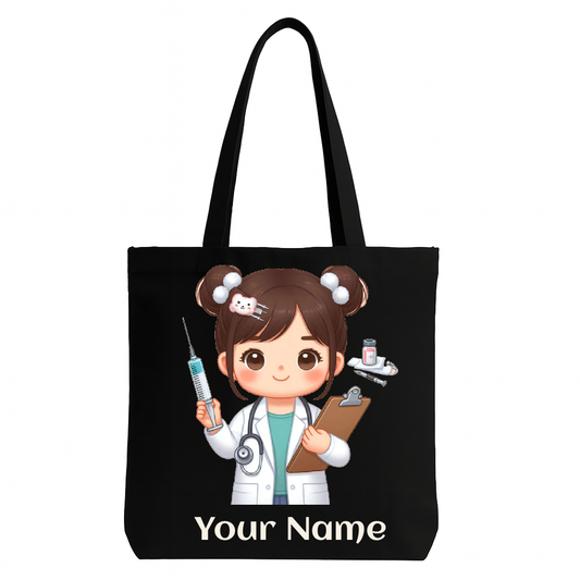 Personalised Doctor Tote Bag – Custom Name Cute Medical Girl Black Canvas Bag