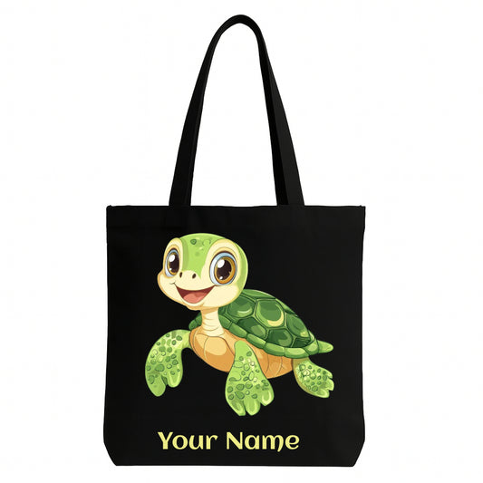 Personalized Black Tote Bag with Cute Turtle Design | Custom Name Tote for Kids & Gifting