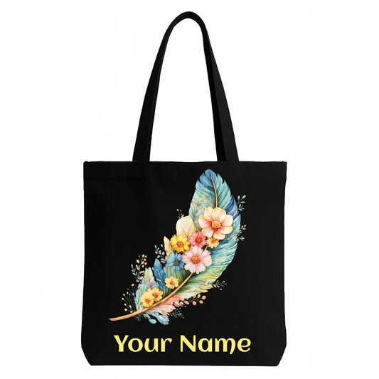 Personalised Feather Floral Tote Bag – Custom Name Canvas Bag (Black)
