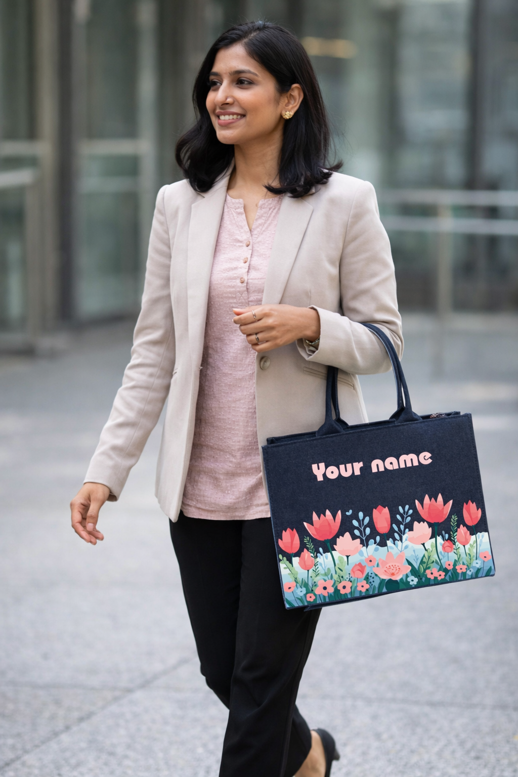 Customized Denim Everyday Tote Bag With colorful Flower