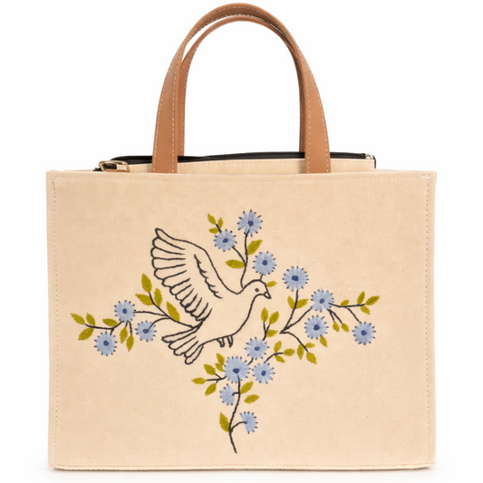 Customised Handcrafted Dove Floral Tote Bag | Personalised Canvas Handbag