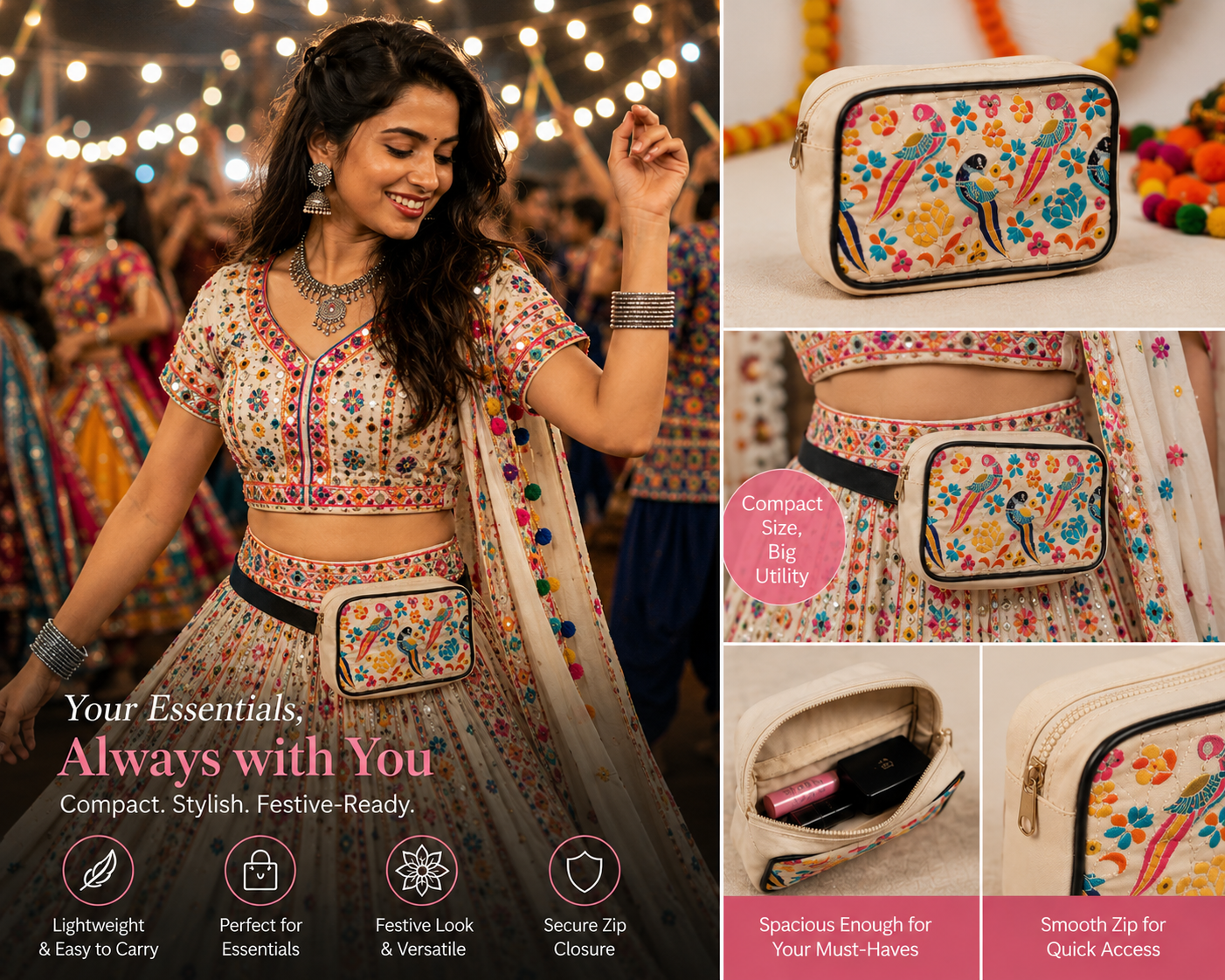 NixaStyle Navratri Special Embroidered Sling Bag for Women | Ethnic Peacock & Floral Embroidery Crossbody Waist Bag | Compact Festival Purse for Garba, Dandiya & Travel