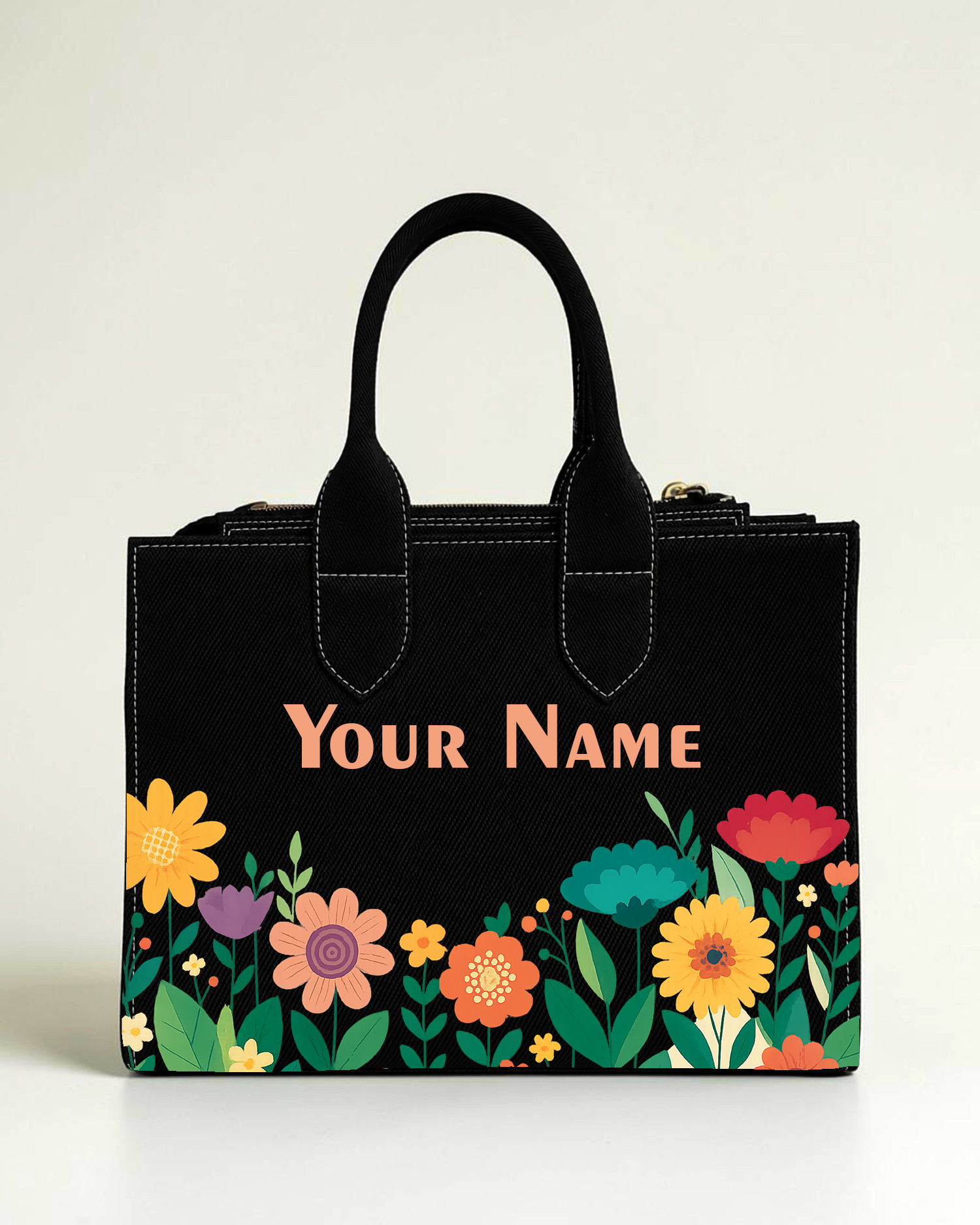 Personalized black floral box tote bag with colorful flower print and custom name for women