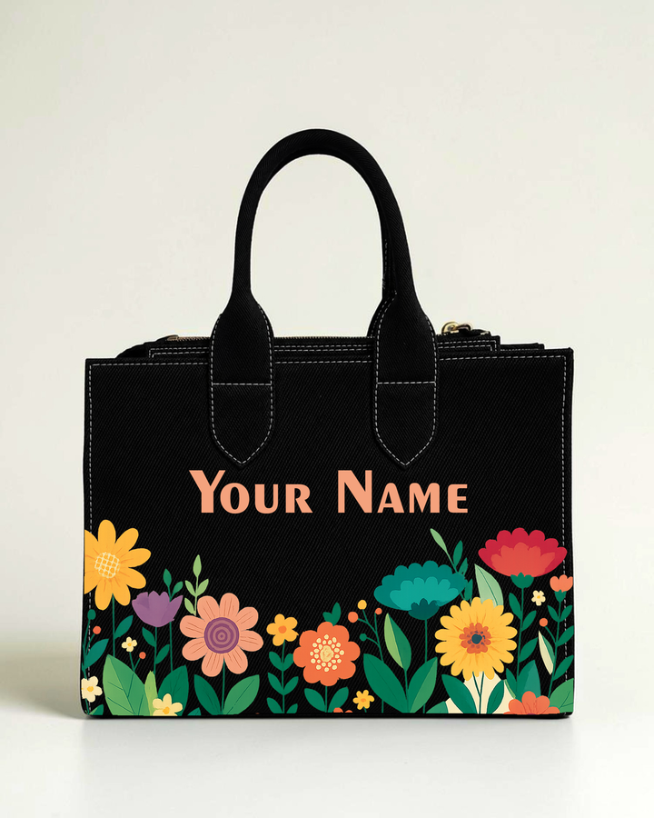 Personalized black floral box tote bag with colorful flower print and custom name for women