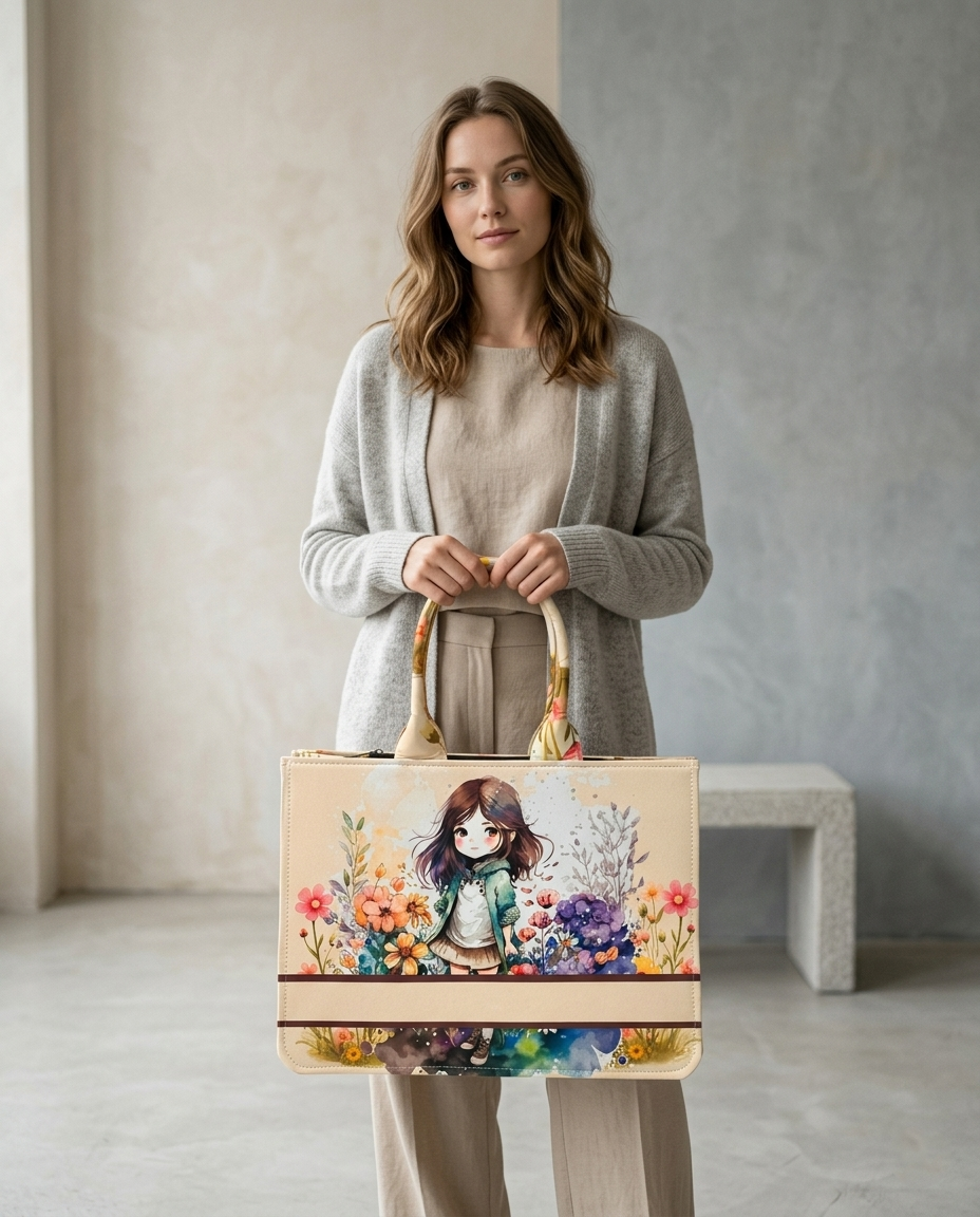 Customized Name Cute Girl Canvas Tote Bag for Women | Personalised Floral Illustration Handbag | Custom Gift Tote Bag