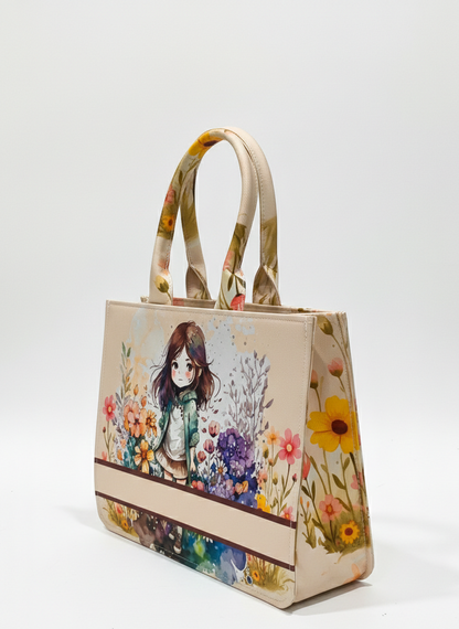 Customized Name Cute Girl Canvas Tote Bag for Women | Personalised Floral Illustration Handbag | Custom Gift Tote Bag