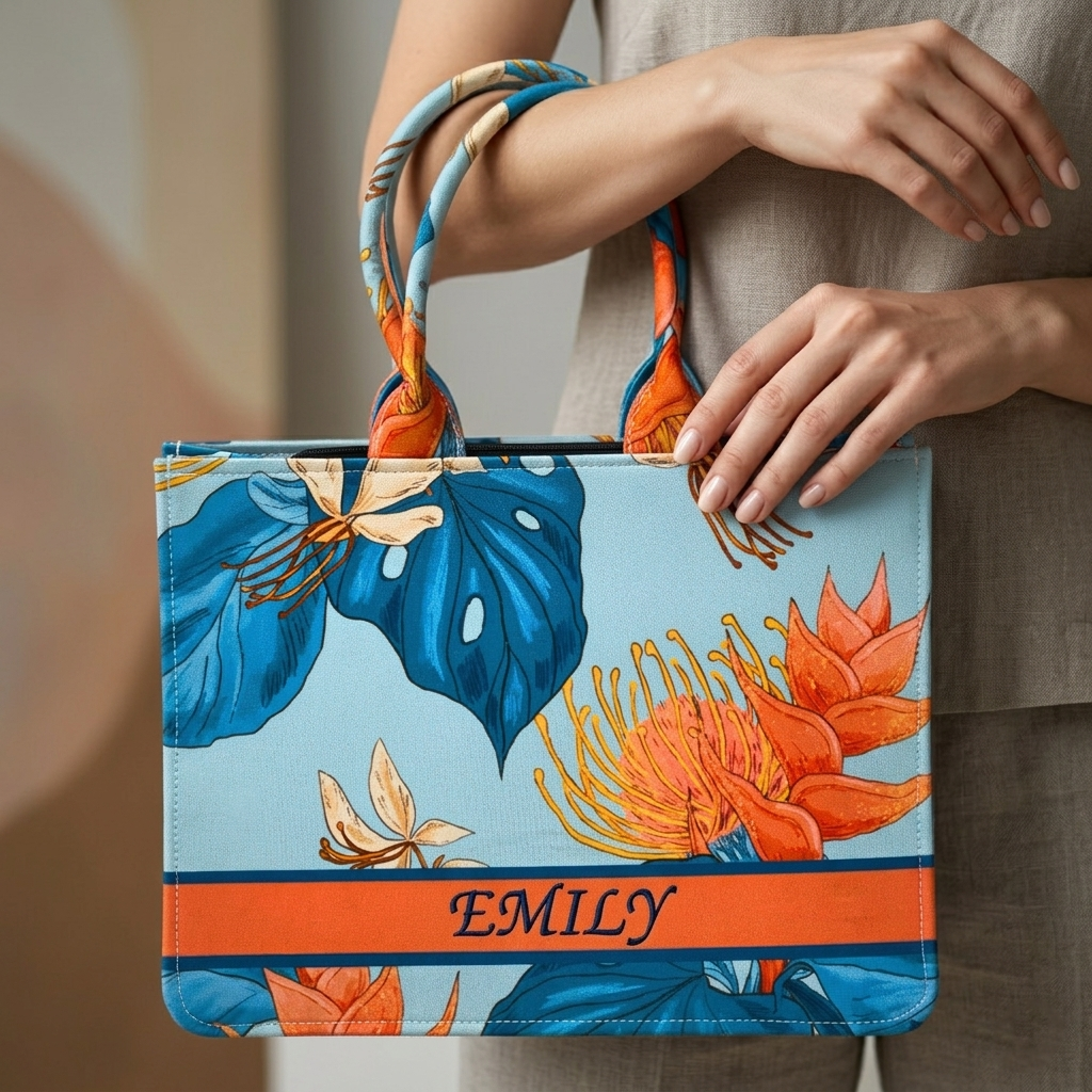 Personalised Tropical Floral Tote Bag with Name | Custom Canvas Tote Bag for Women | Stylish Office, College & Travel Bag