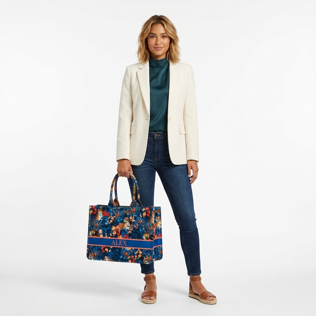 Personalised Tiger Jungle Tote Bag with Name | Custom Canvas Tote Bag for Women | Stylish Laptop, Travel & Office Tote