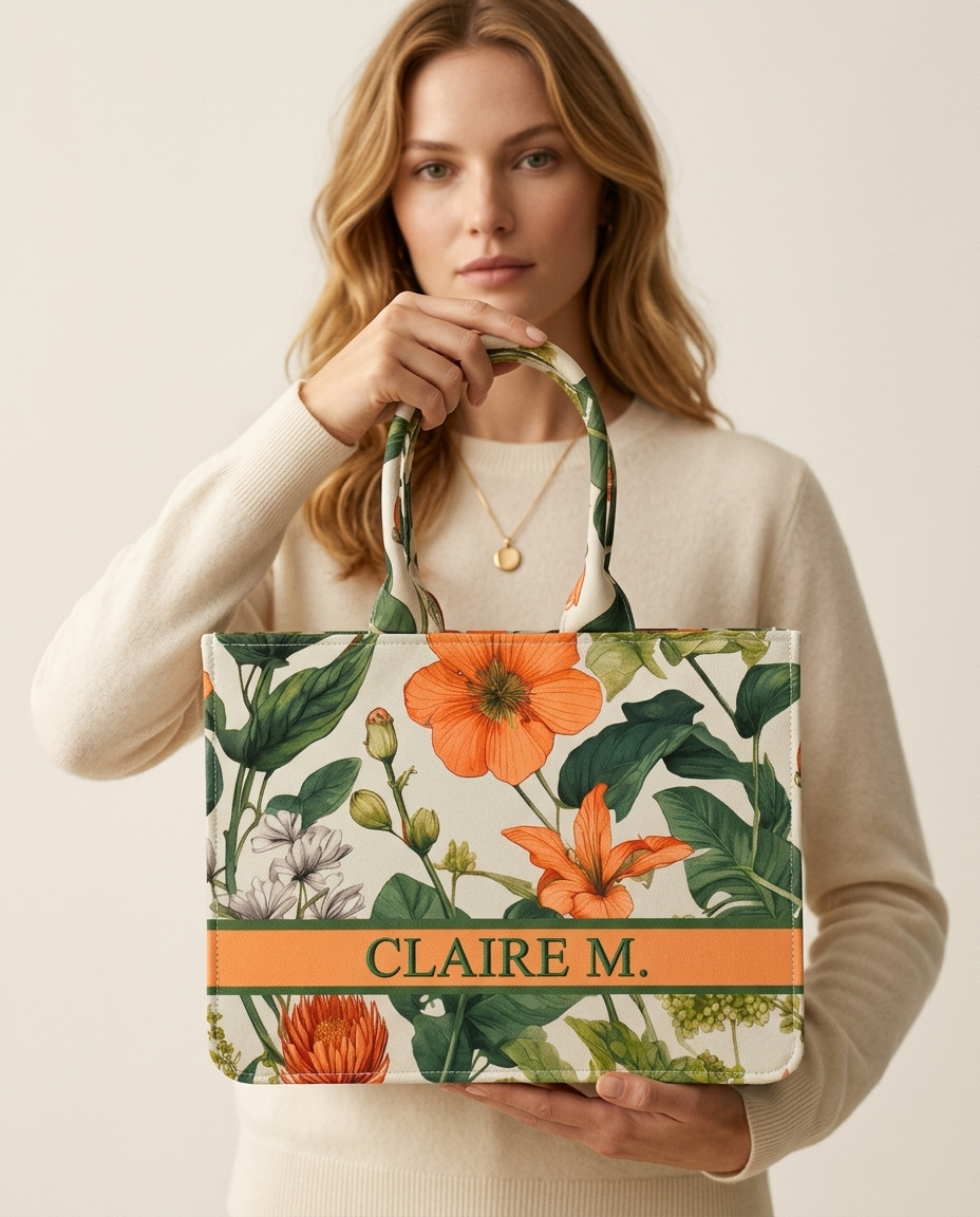 Customized Name Floral Botanical Canvas Tote Bag for Women | Personalised Flower Print Handbag | Custom Gift Tote Bag