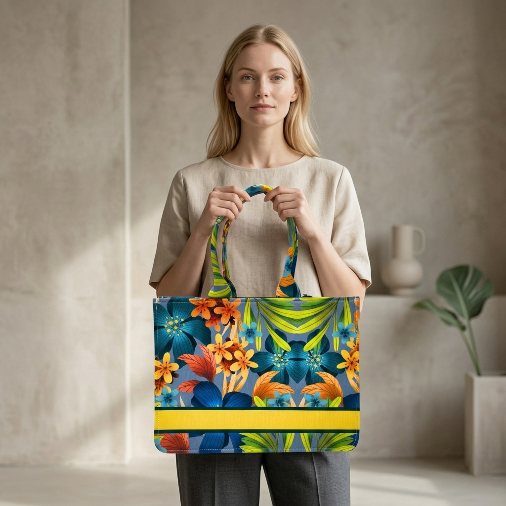 Customized Name Tropical Floral Canvas Tote Bag for Women | Personalised Colorful Flower Handbag | Custom Gift Tote Bag