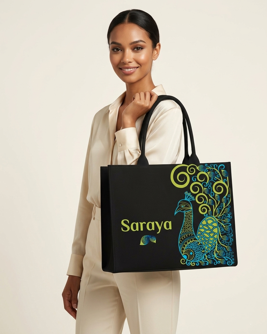 Customised Peacock Design Tote Bag with Name | Personalized Canvas Tote Bag for Women | Stylish Peacock Handbag – Nixa Style