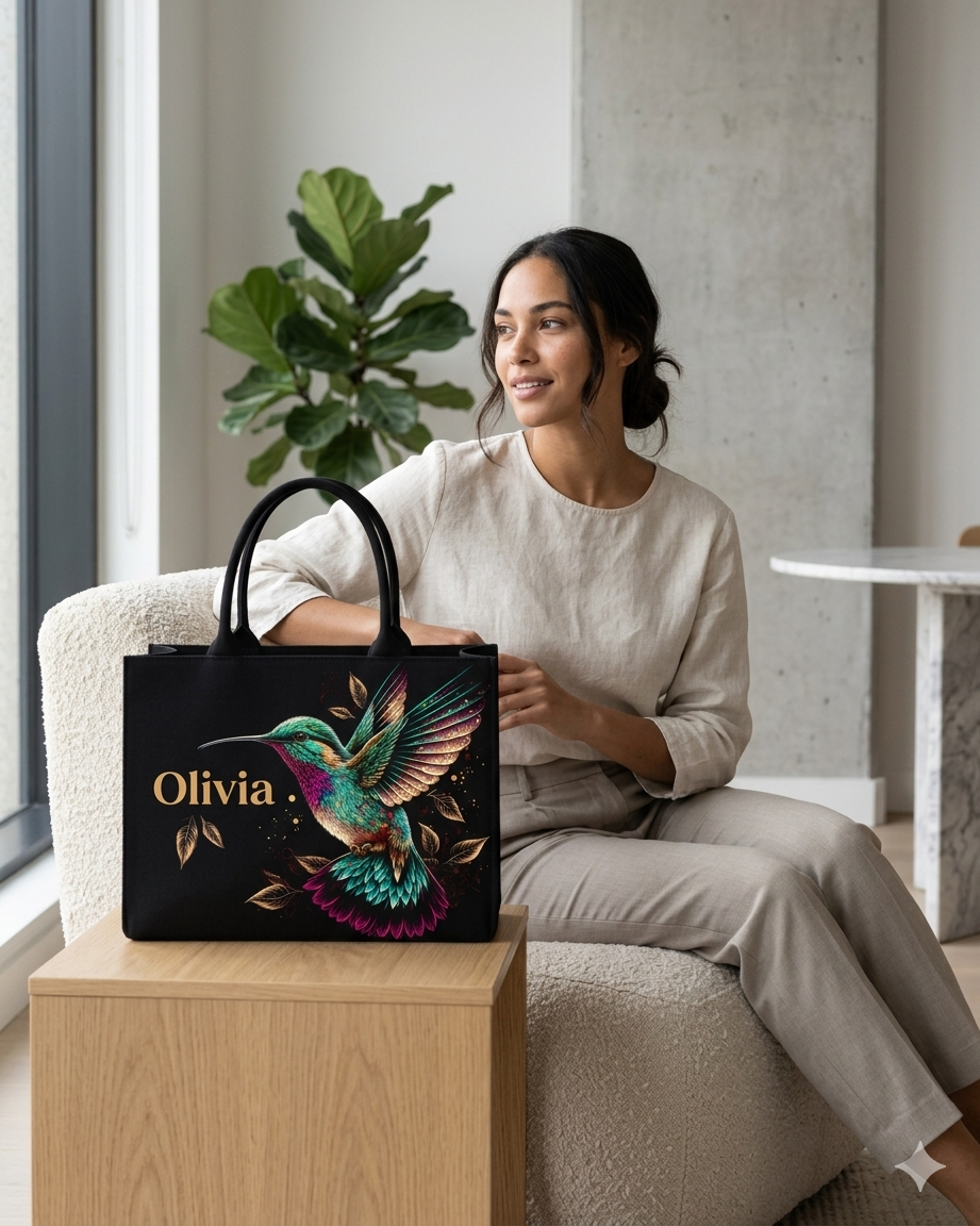 Customized Hummingbird Tote Bag for Women | Nixa Style Personalized Premium Black Handbag with Name
