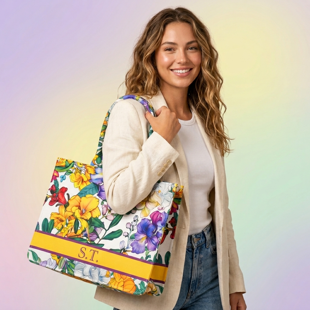 Personalised Colorful Floral Tote Bag with Name | Custom Canvas Tote Bag for Women | Stylish Office, College & Travel Bag