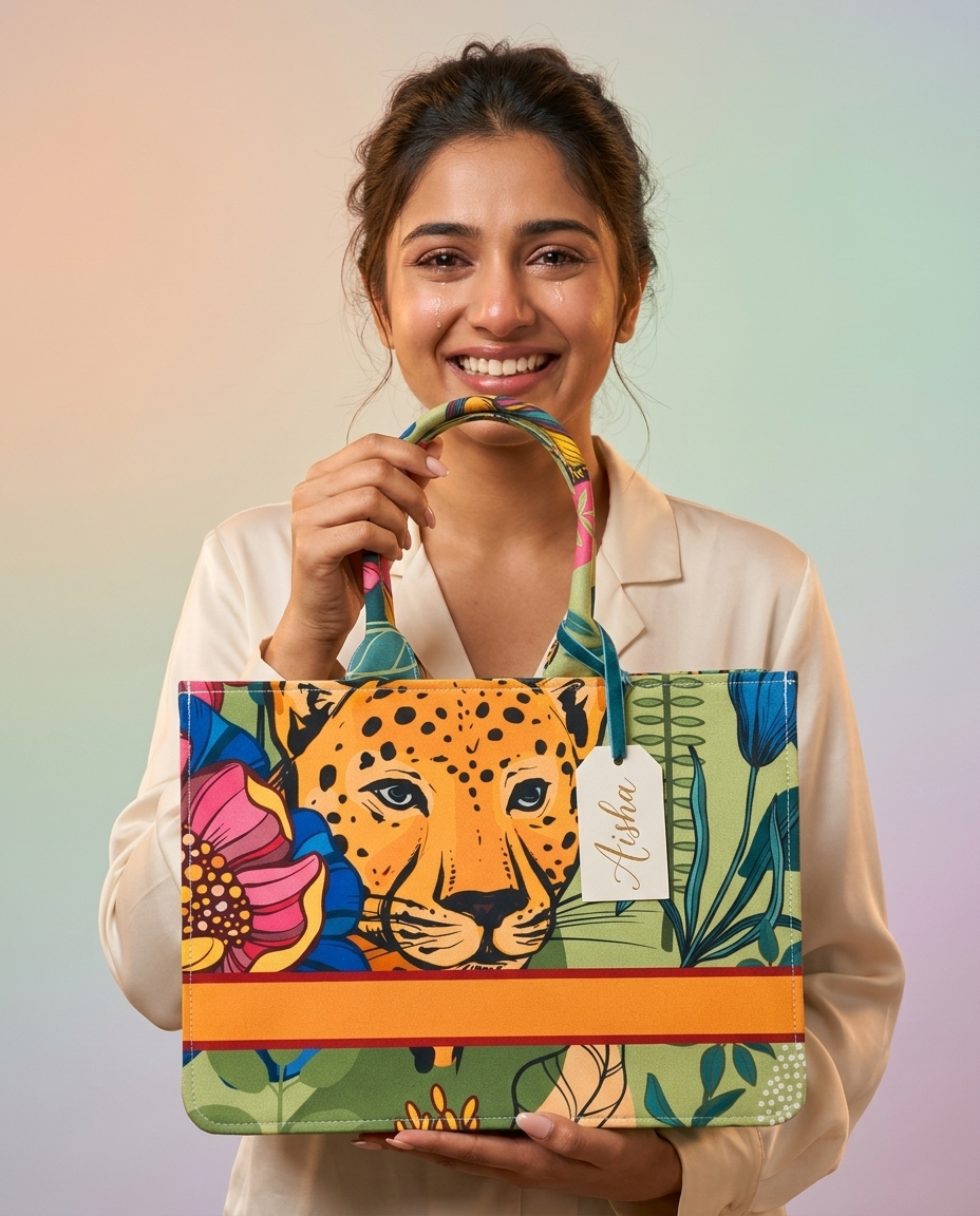 Customized Name Leopard Canvas Tote Bag for Women | Personalised Tropical Animal Print Handbag | Stylish Custom Tote Bag