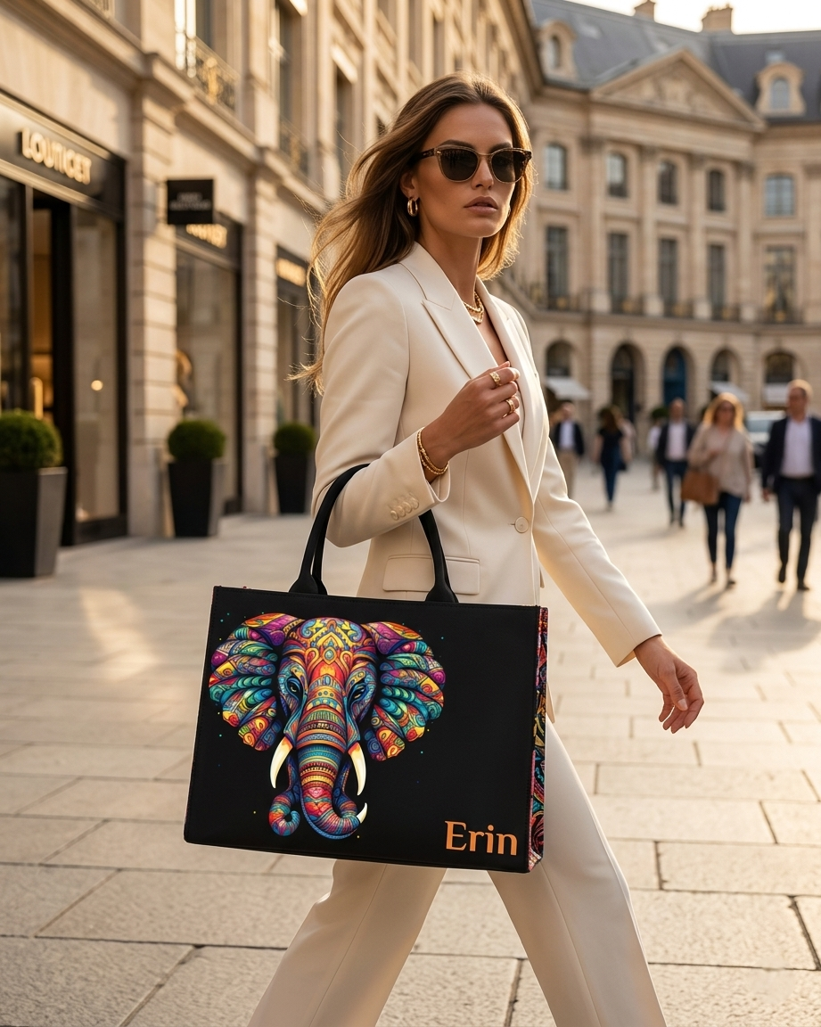 Personalised Elephant Tote Bag with Name | Colourful Mandala Elephant Canvas Handbag for Women | Unique Gift | Nixa Style