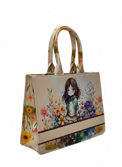 Customized Name Cute Girl Canvas Tote Bag for Women | Personalised Floral Illustration Handbag | Custom Gift Tote Bag