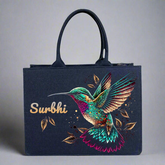 Customized Denim Everyday Tote Bag With Humming Bird
