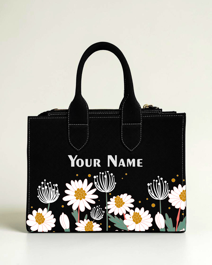 Personalized black daisy floral box tote bag with custom name print for women