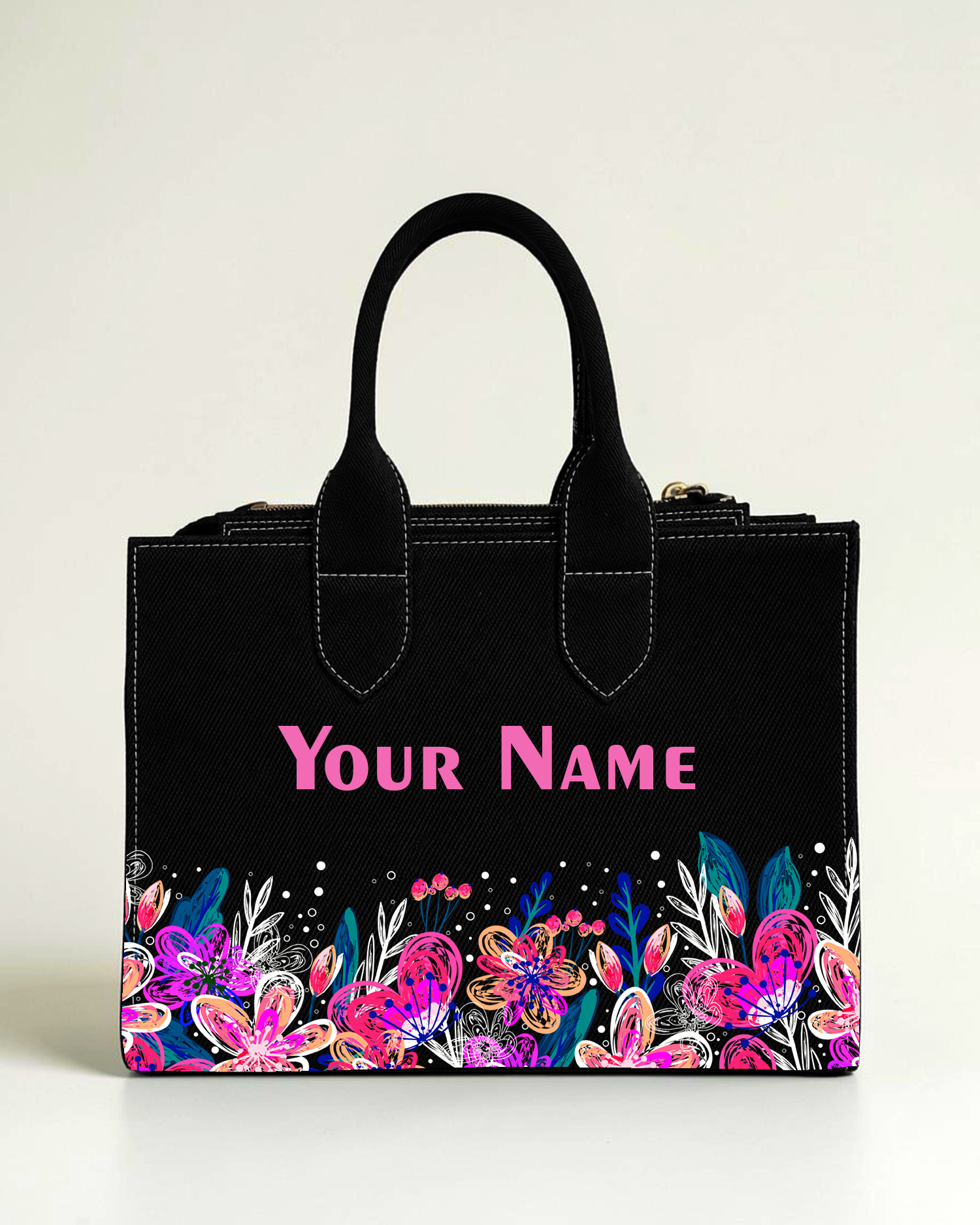 Black personalized floral box tote bag with custom pink name print for women
