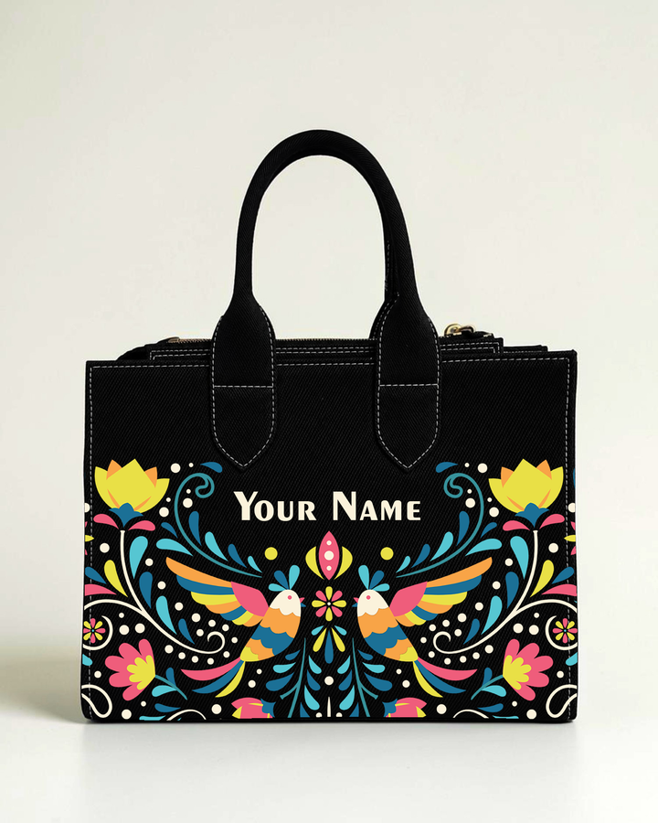 Personalized black folk art box tote bag with colorful bird and floral print for women