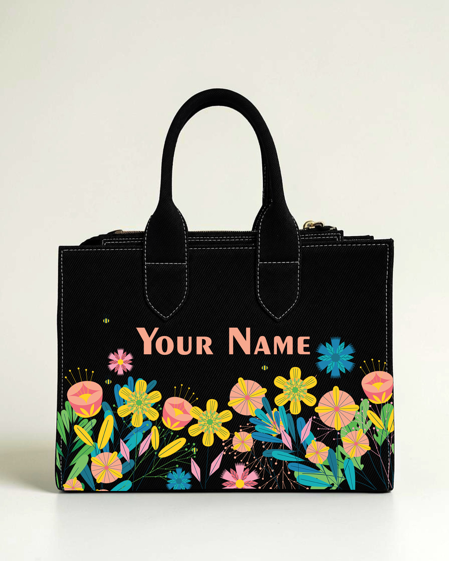 Personalized black floral box tote bag with colorful flower print and custom name for women