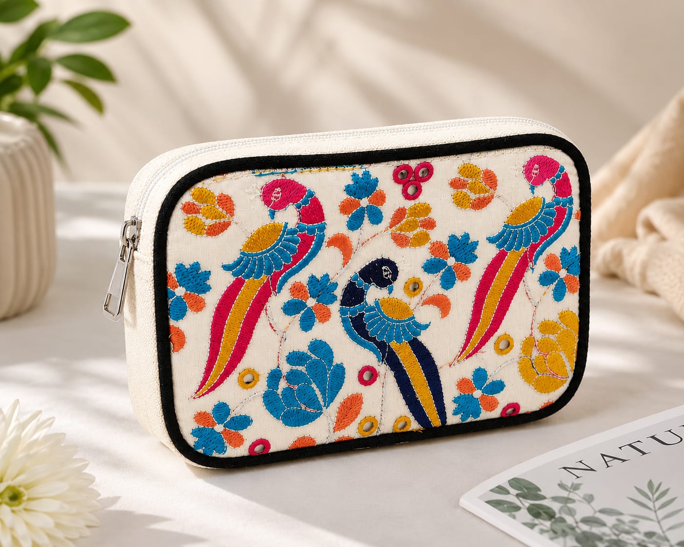 NixaStyle Navratri Special Embroidered Sling Bag for Women | Ethnic Peacock & Floral Embroidery Crossbody Waist Bag | Compact Festival Purse for Garba, Dandiya & Travel