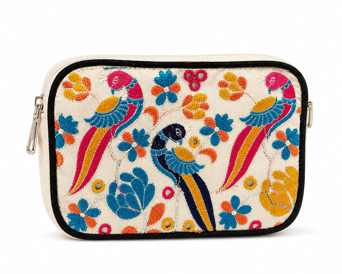 NixaStyle Navratri Special Embroidered Sling Bag for Women | Ethnic Peacock & Floral Embroidery Crossbody Waist Bag | Compact Festival Purse for Garba, Dandiya & Travel