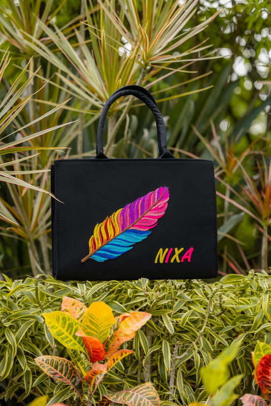 "Nixa Bloom Embroidered Colorful Feather  Tote"