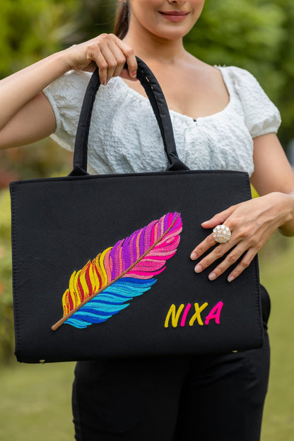 "Nixa Bloom Embroidered Colorful Feather  Tote"