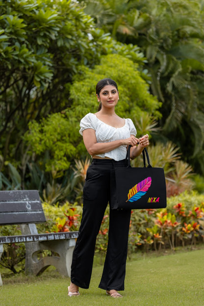 "Nixa Bloom Embroidered Colorful Feather  Tote"