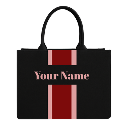 Personalized Tote Bag with Name – Custom Black Canvas Handbag with Stripes